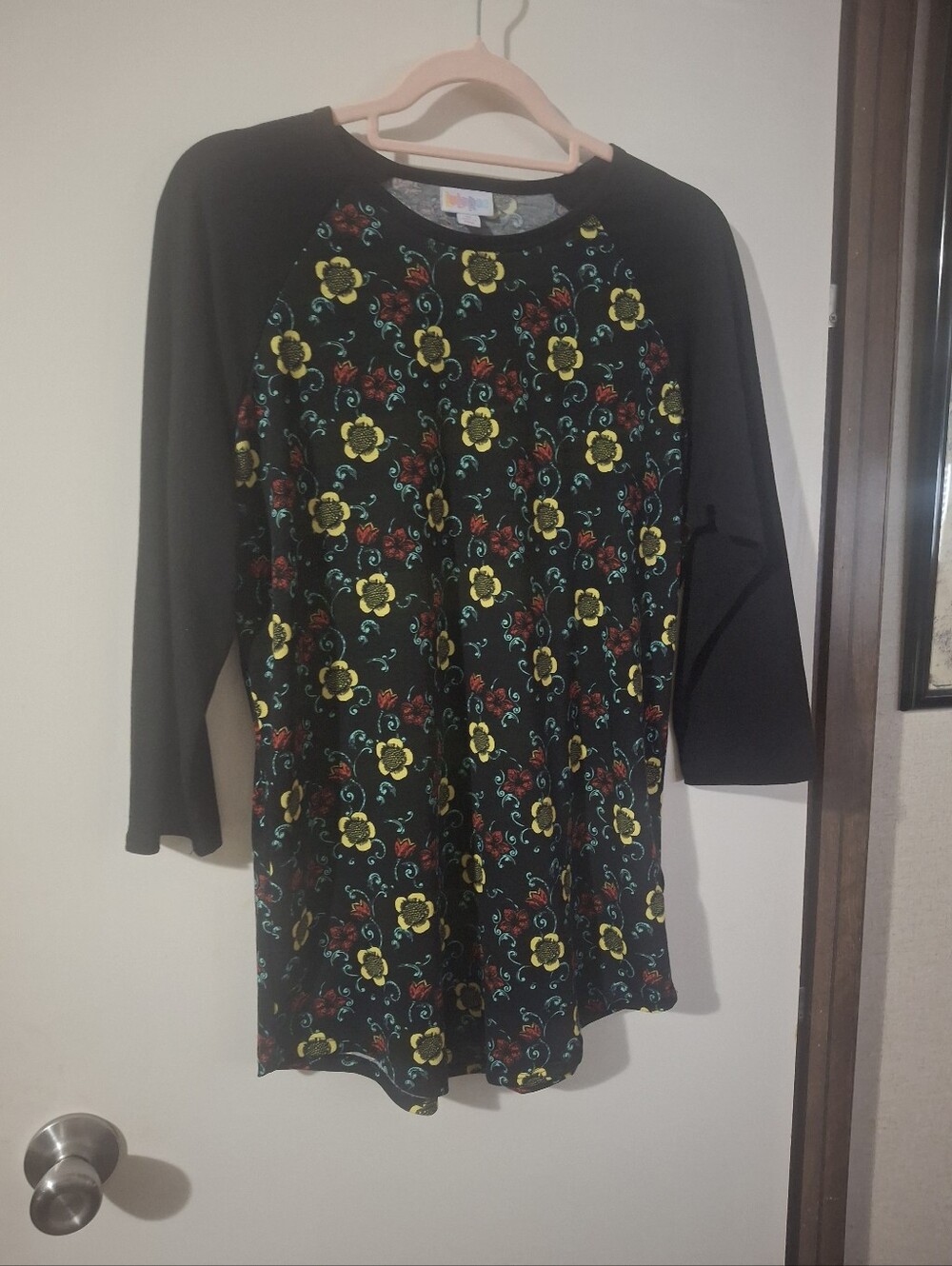 LuLaRoe Black Raglan Tunic with Yellow Floral Print